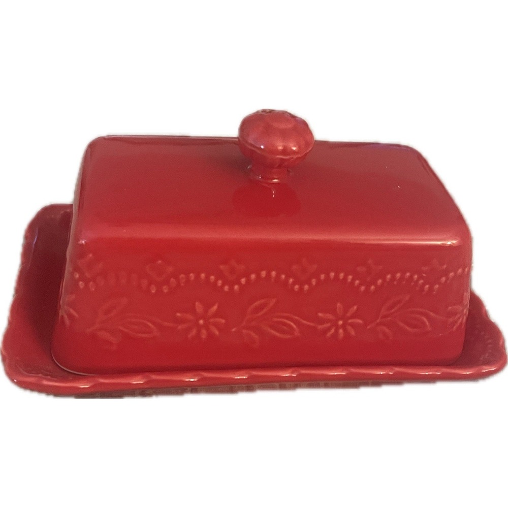 Pioneer Woman Toni Red 2 Piece Butter Dish Embossed - EUC!